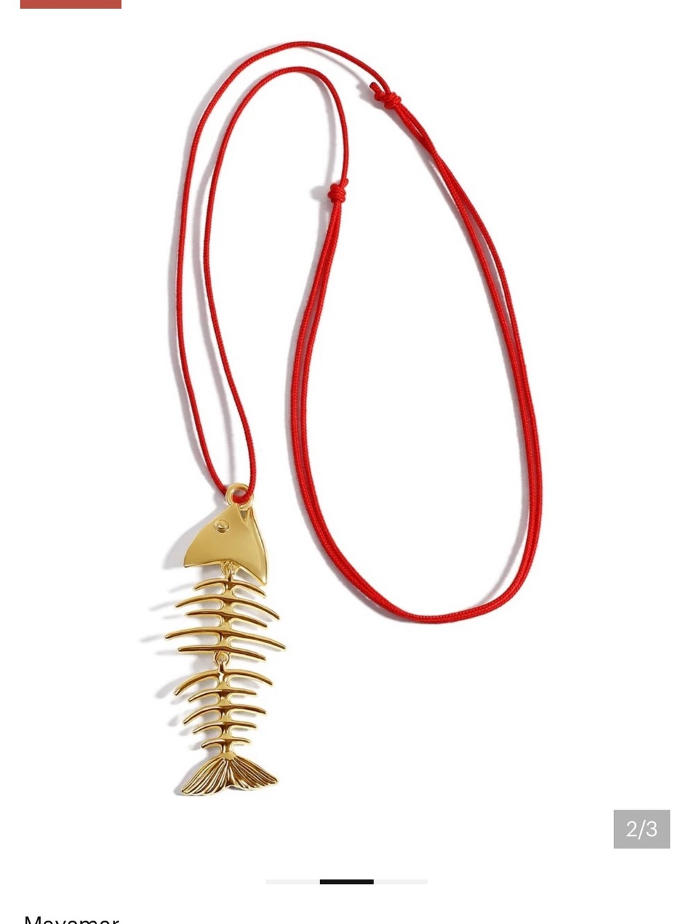 Gold Fishbone Pendant Necklace on Red Cord MAYAMAR New in Drawstring Bag